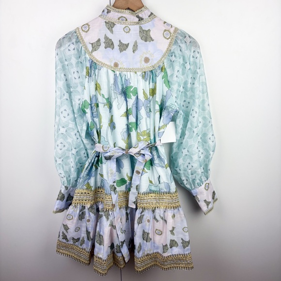 INA Rhythm Trimmed Billow Mini Dress Floral Blue Gold Puff Long Sleeve NEW Small - Picture 8 of 10